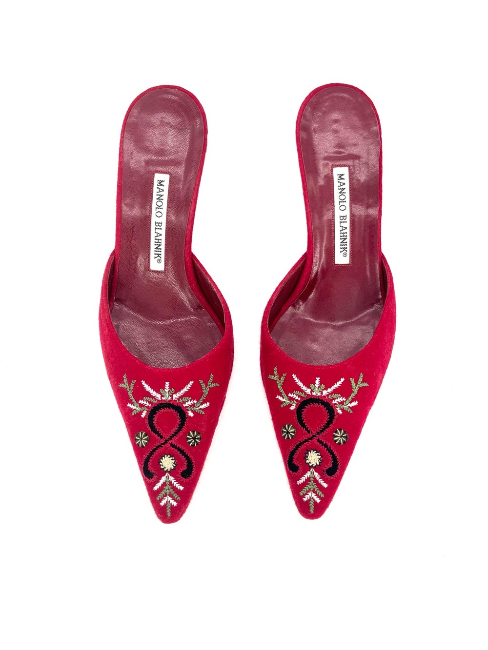 Vintage Manolo Blahnik Embroidered Pointed Toe Kitten Heel Mules Pumps 39 - Picture 7 of 9